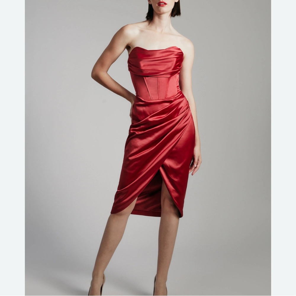 Bardot Jamila Corset Strapless Satin Dress in Red